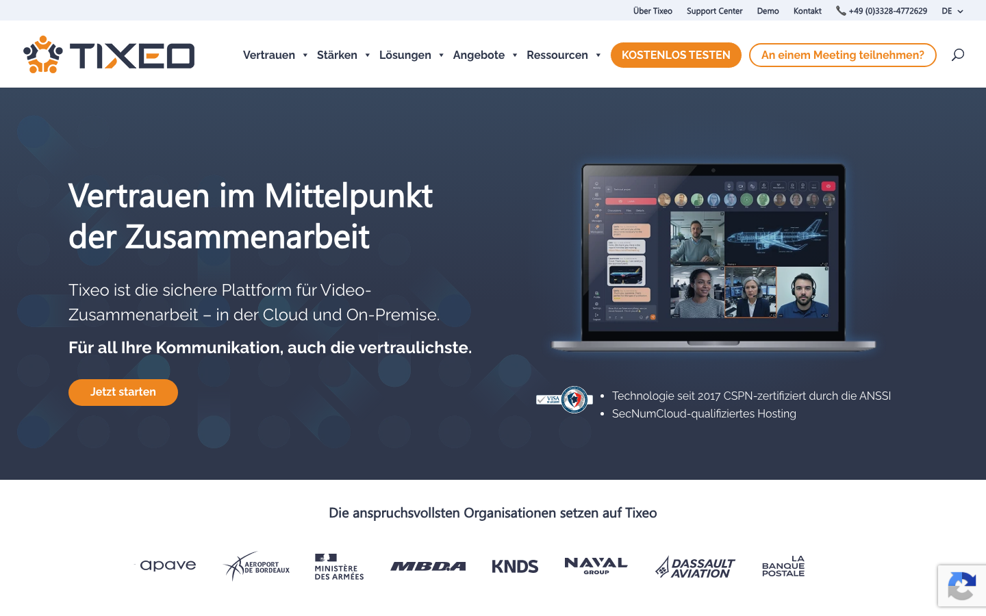 Startseite von Tixeo mit Meeting-Ansicht und Zertifizierungshinweisen auf Deutsch.