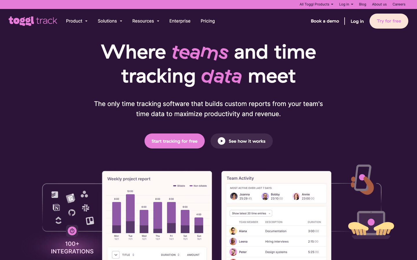 Toggl Track Startseite mit Zeiterfassung fuer Teams