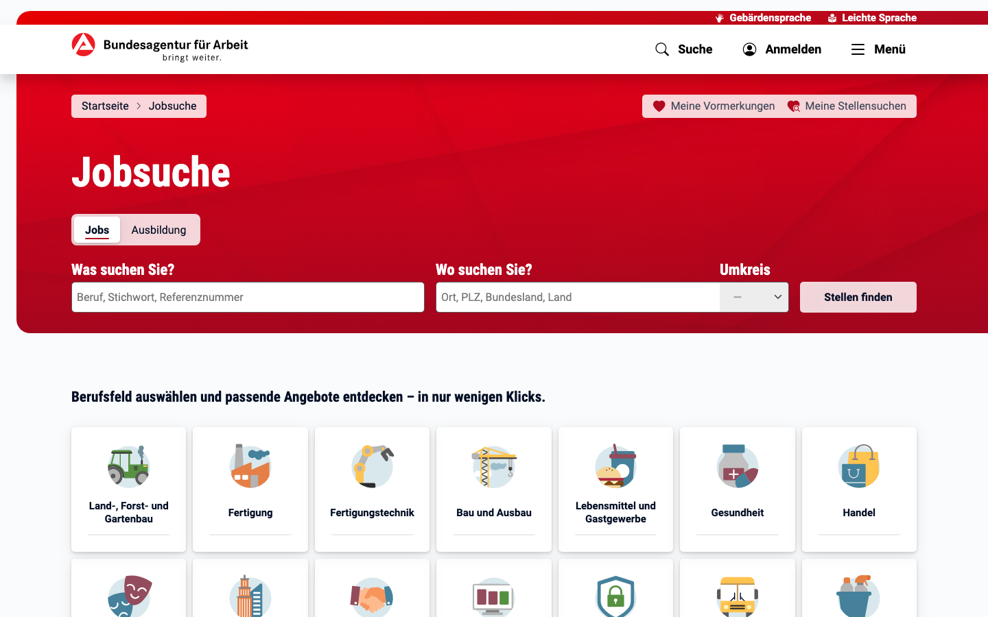Jobsuche der Bundesagentur für Arbeit mit Suchfeldern und Berufsfeldern.