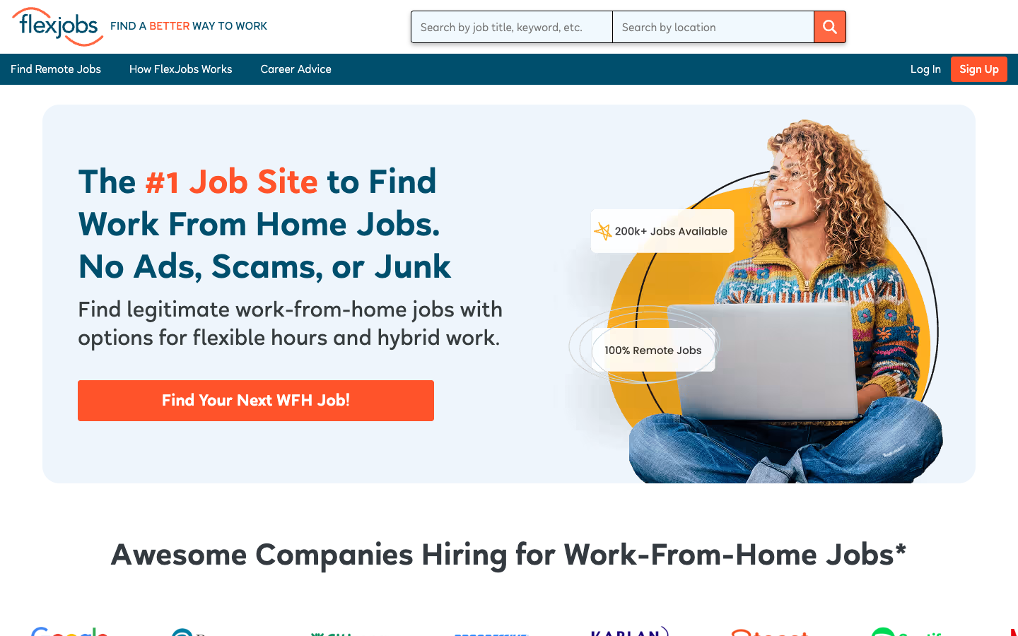 FlexJobs Startseite mit Suche nach Homeoffice-Jobs und Hinweis auf 200.000 Stellen.