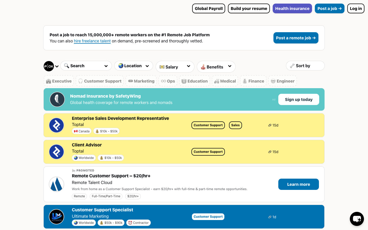Remote OK Jobliste mit Filtern für Ort, Gehalt und Benefits.