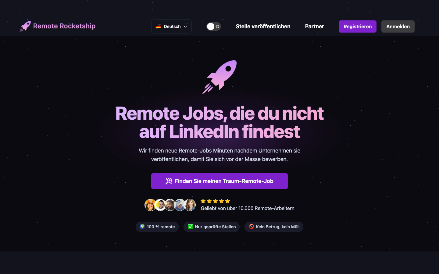 Deutsche Startseite von Remote Rocketship mit Suche nach Remote-Jobs.