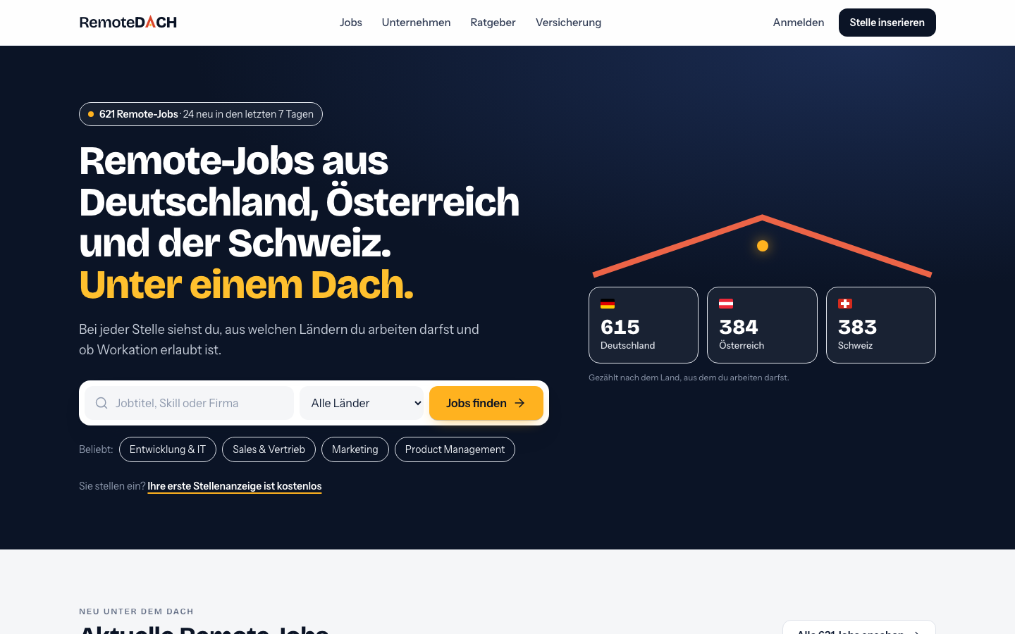 RemoteDACH Startseite mit Stellenzahlen für Deutschland, Österreich und die Schweiz.