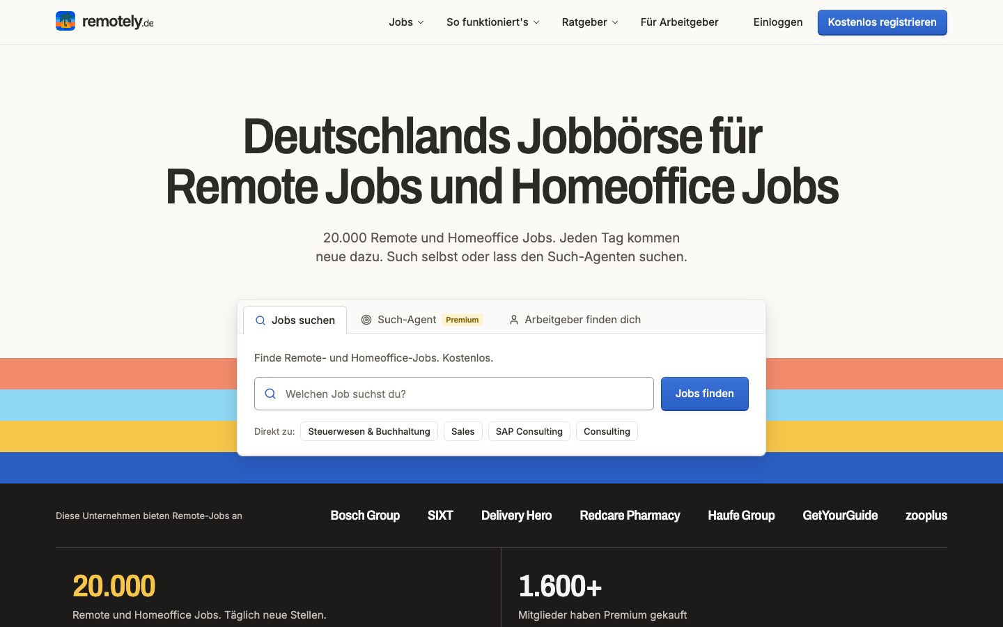 Startseite von remotely.de mit Jobsuche und Hinweis auf 20.000 Remote- und Homeoffice-Jobs.