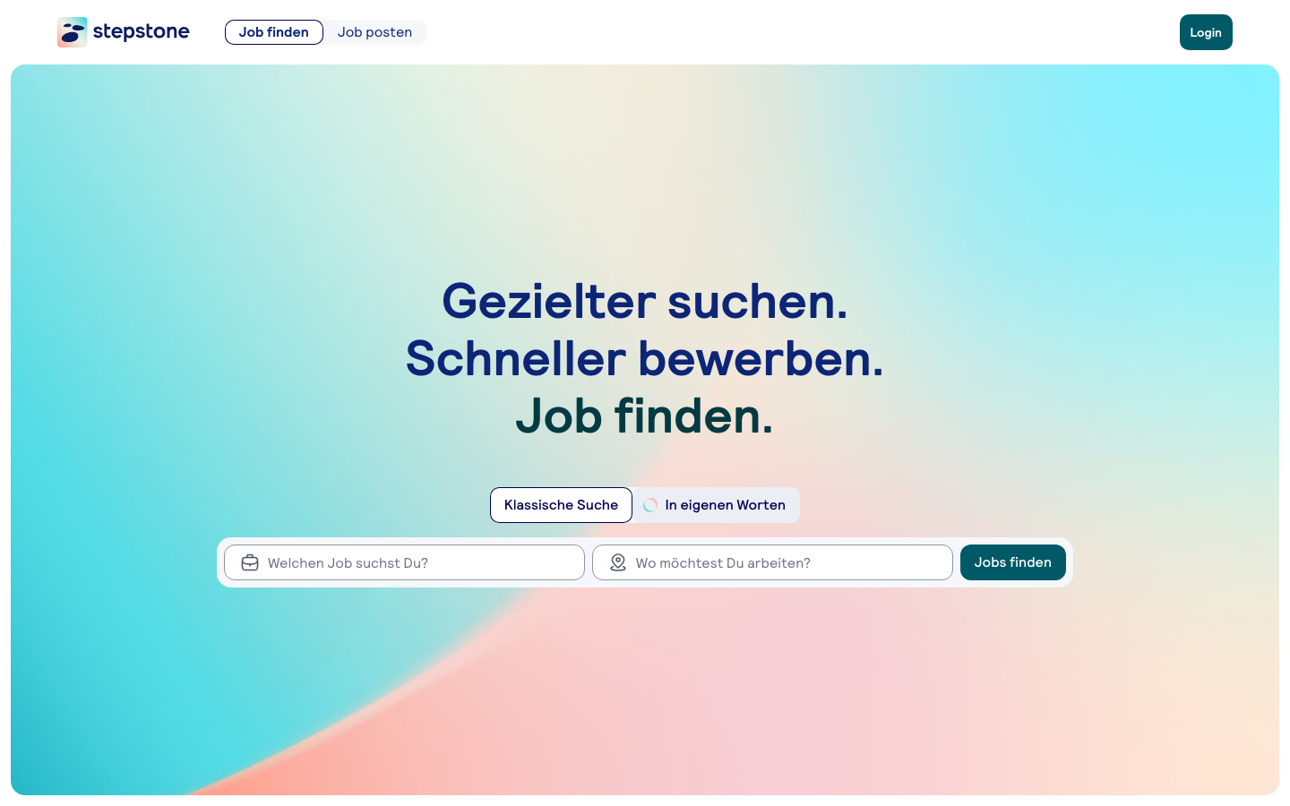 StepStone Startseite mit Jobsuche nach Beruf und Ort.