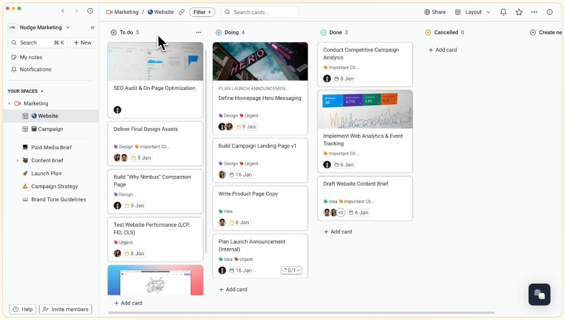 Superthread Kanban-Board mit den Spalten To do, Doing und Done, Karten mit Labels und Fälligkeitsdaten
