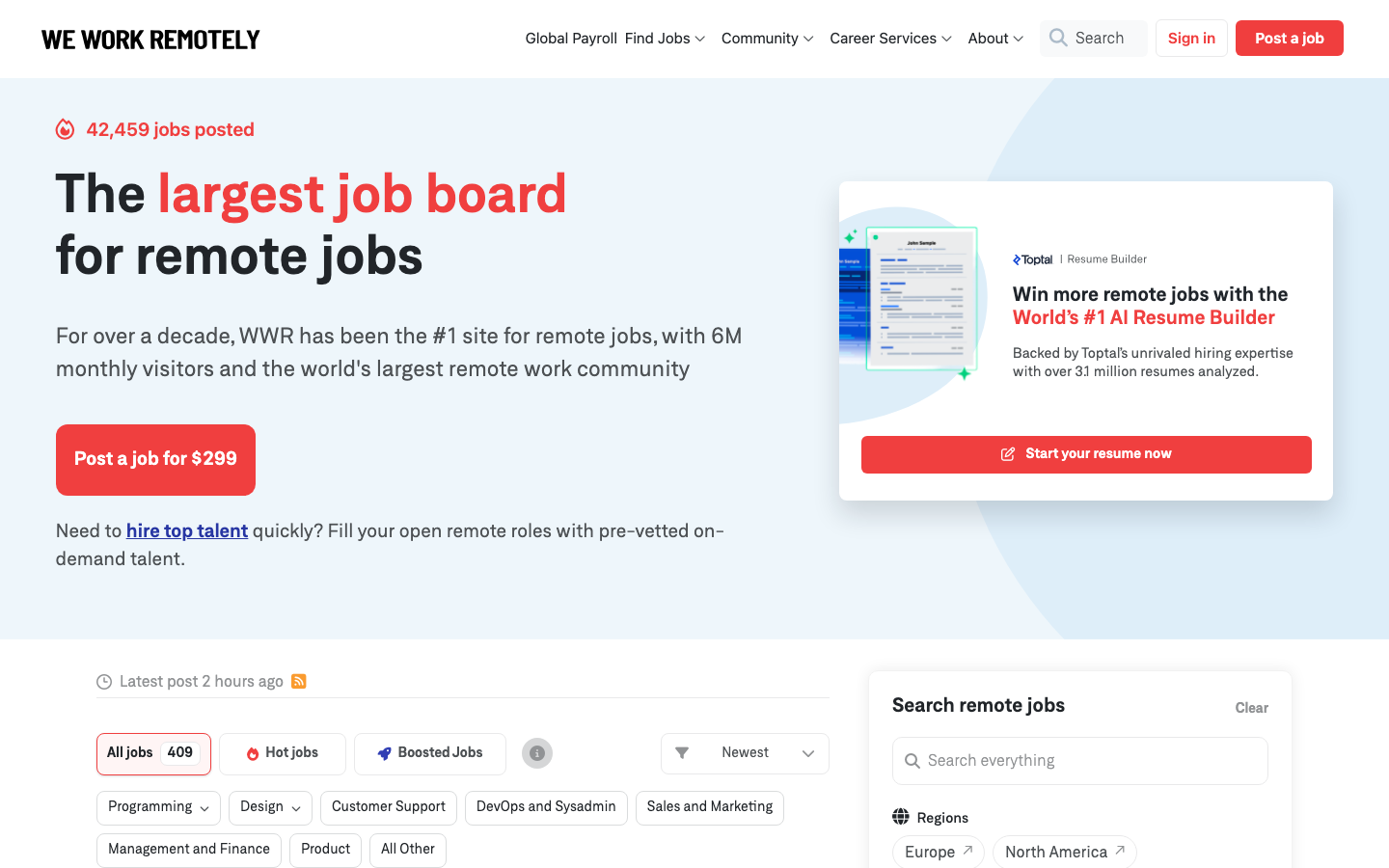 We Work Remotely Startseite mit 42.459 veröffentlichten Jobs und Kategorien.