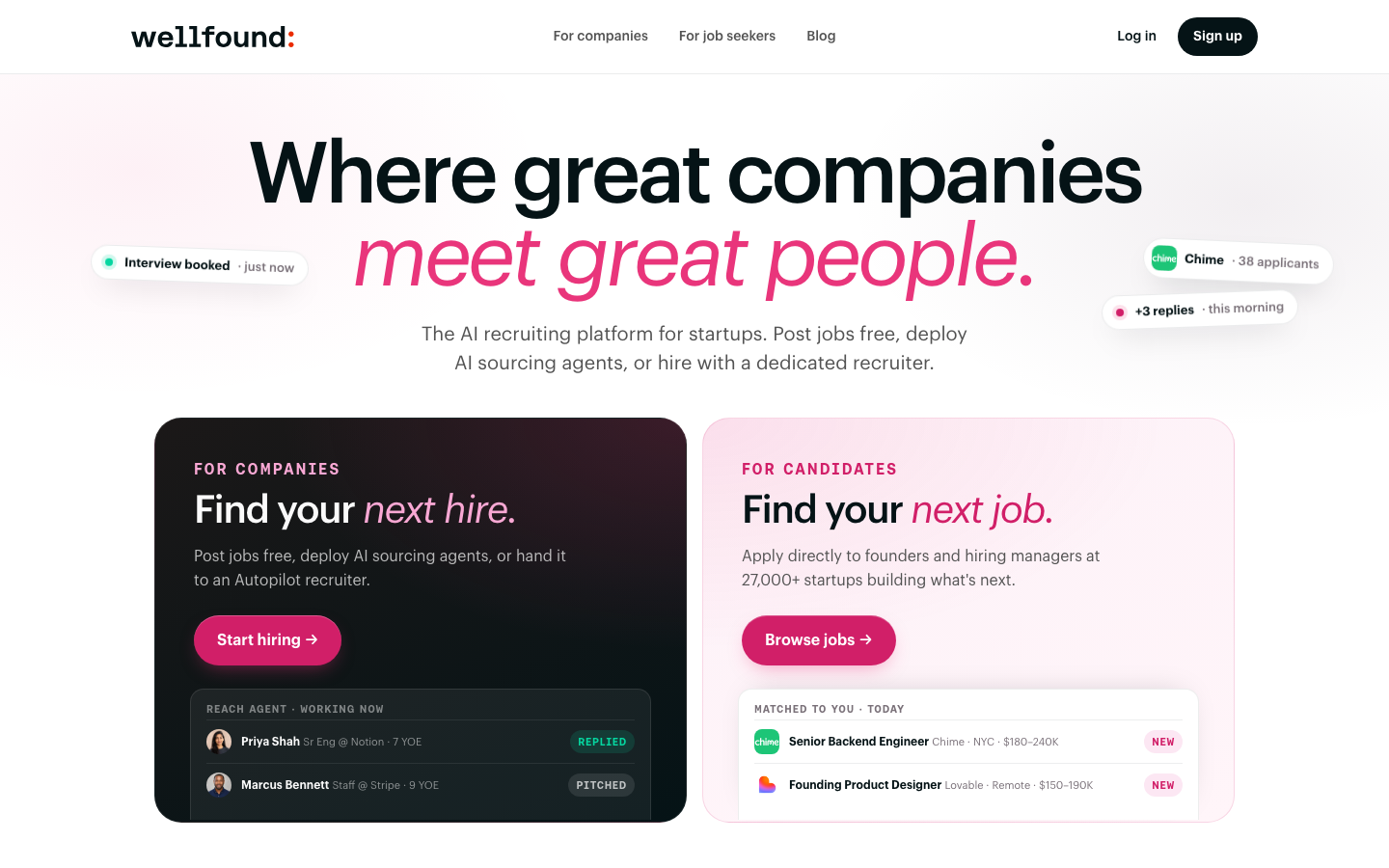 Wellfound Startseite mit Bereichen für Unternehmen und Bewerber.