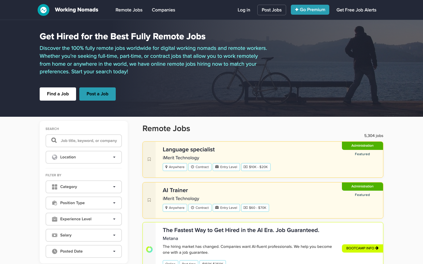 Working Nomads Jobliste mit Filtern für Ort, Kategorie und Gehalt.