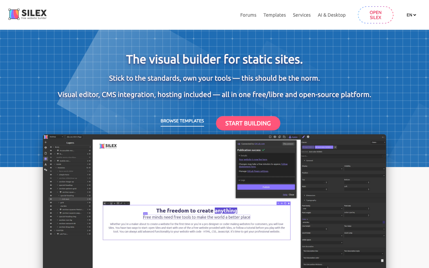 Silex Startseite – freier Open-Source-Website-Builder für statische Seiten