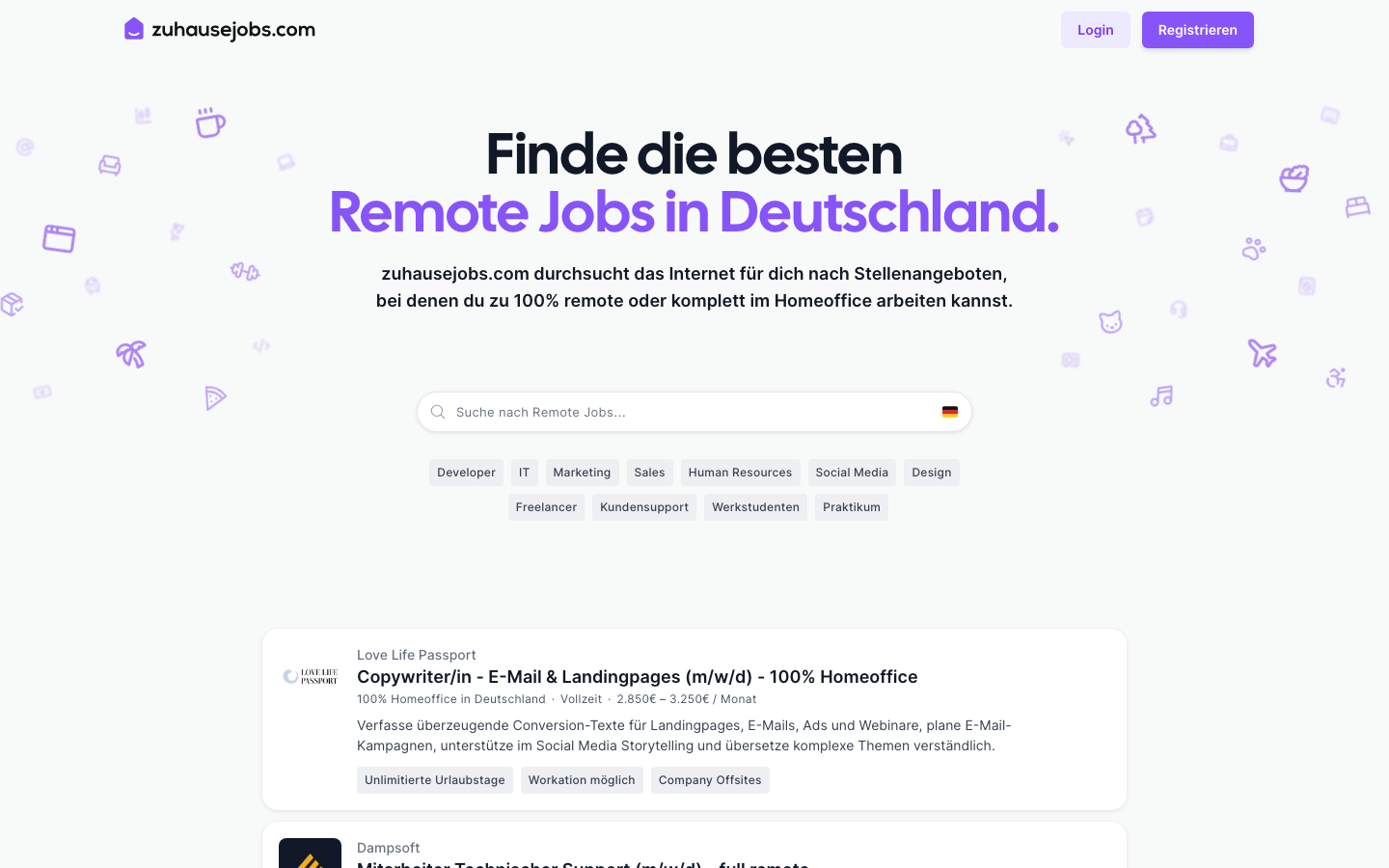 zuhausejobs.com Startseite mit Suche und erster Stelle mit 100 Prozent Homeoffice.